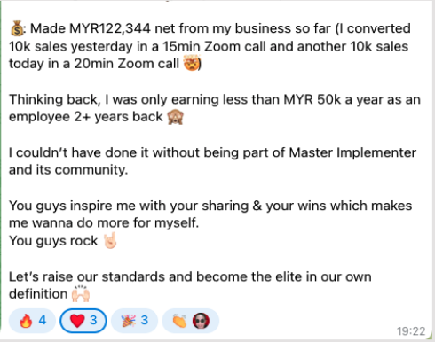 Client message showing MYR122,344 net and two 10k sales on 15 and 20 minute calls