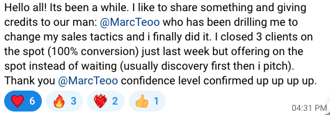Client message showing 3 clients closed on the spot at 100 percent conversion